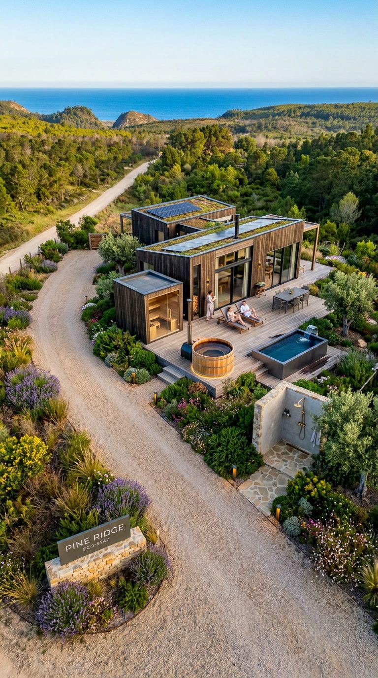 Custom Build — aerial render of eco-resort cabin complex