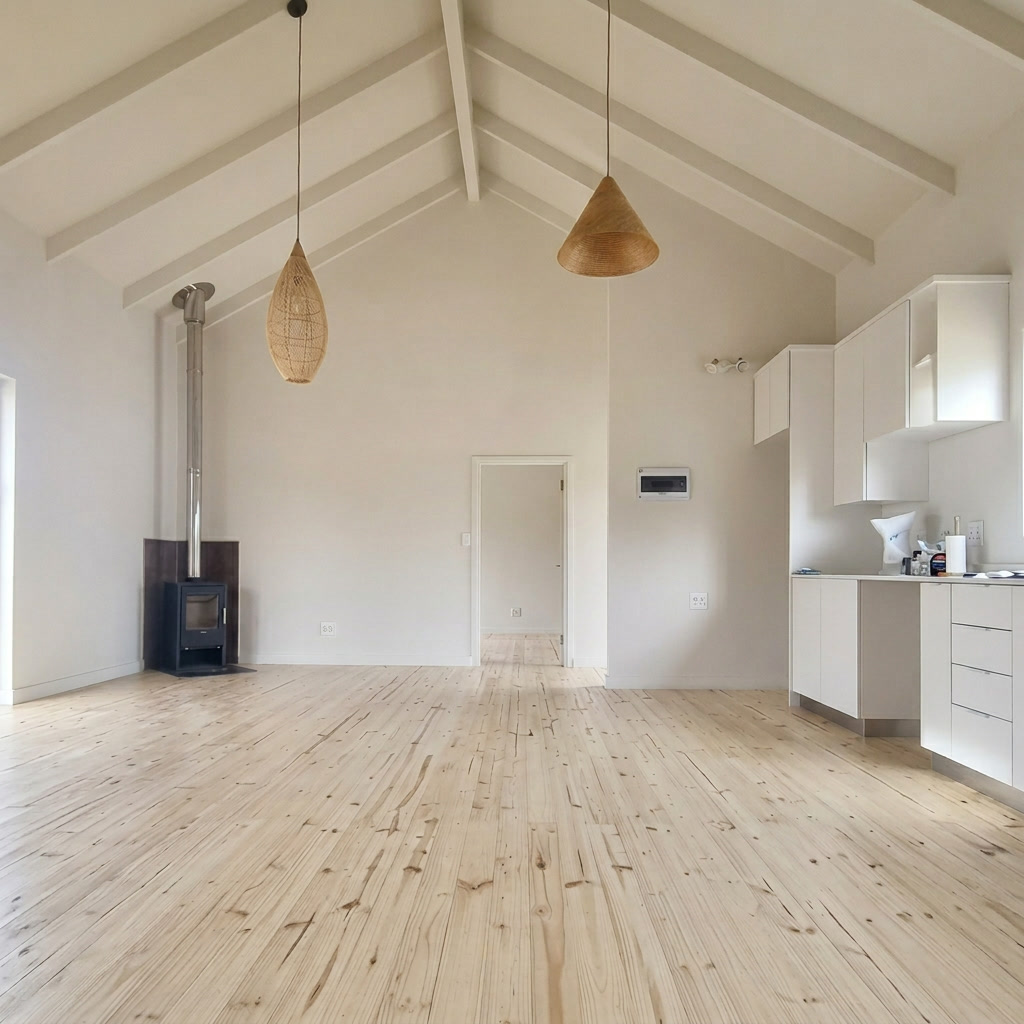 Couples Retreat — open-plan interior with vaulted ceiling and pendant lights