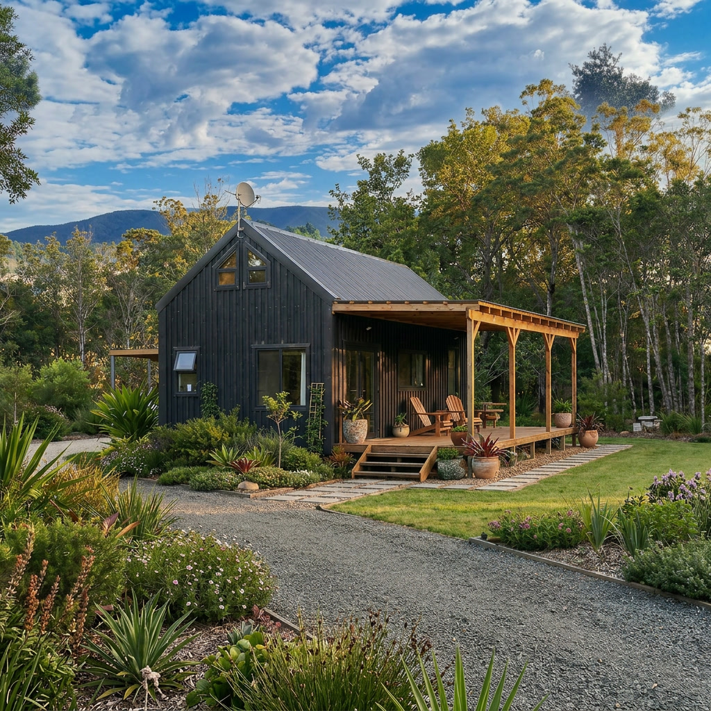 Couples Retreat — dark steel barn cabin with timber deck and garden