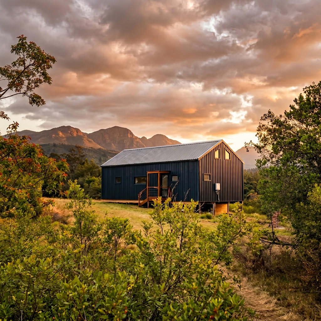 Mike's Cabin — dramatic dusk exterior, The Crags, Garden Route